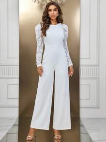 SHEIN Belle 蕾絲拼接闊腿連體褲