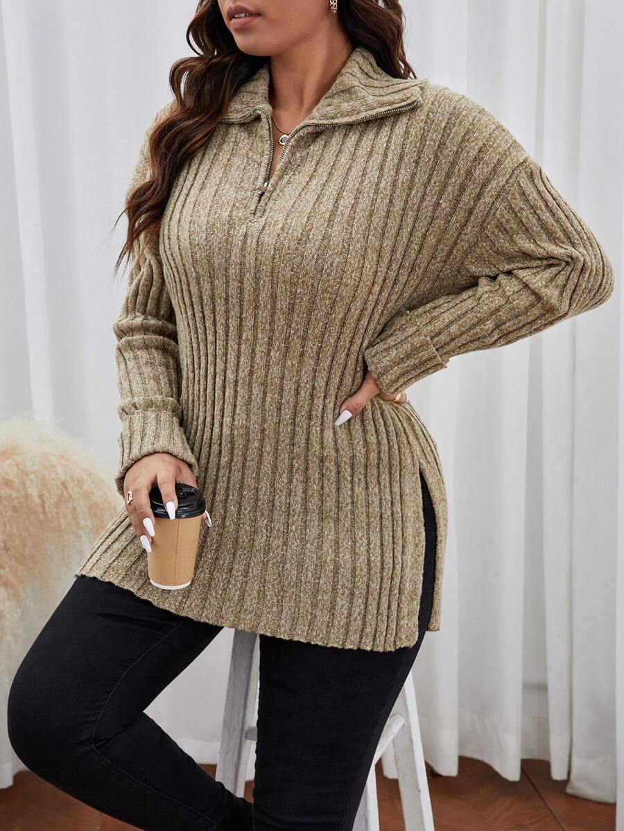 SHEIN Frenchy Plus Quarter Zip Drop Shoulder Sweater In Fall/Winter - Khaki - View 1