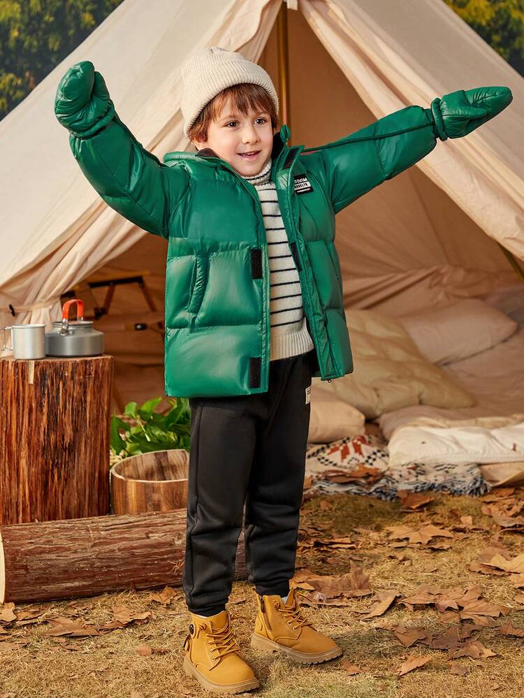 Young Boy Slogan Patched Detail Hooded Padded Coat