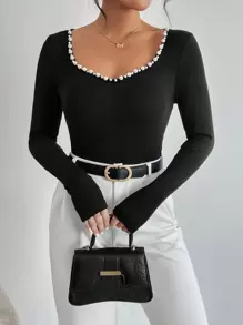 Firerie Pearls Beaded Sweetheart Neck Ribbed Knit Bodysuit - Black - View 5