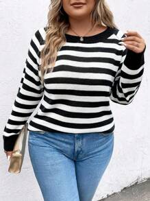 SHEIN LUNE Talla grande Jersey con patrón de rayas de manga raglán - Blanco y Negro - Ver 4