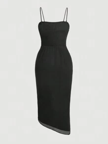 SHEIN MOD Solid Ruched Split Thigh Cami Dress - Black - View 2