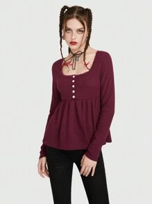 ROMWE Scoop Neck Peplum Hem Tee - Burgundy - View 5