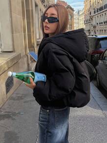 DAZY Zip Up Drawstring Hem Crop Padded Thick Pockets Coat, Women Winter Coat Jacket - Black - View 4