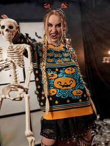 PUNK Hoa văn Halloween Thả vai Áo len - màu đen - Xem 4