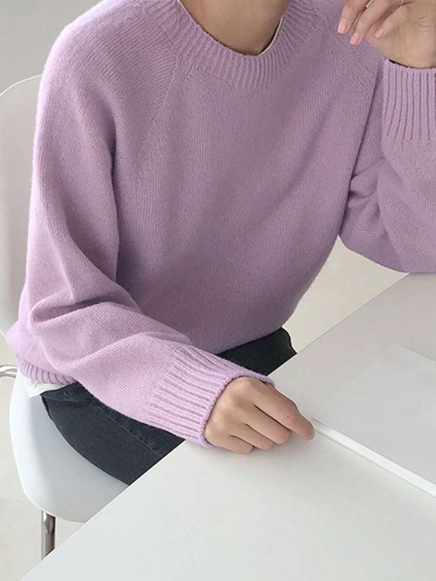 DAZY 素色插肩袖套頭毛衣 - 紫色 - 查看 1