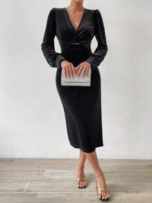 Allurite 前扭結鏤空燈籠袖絲絨緊身洋裝 - 黑色 - 查看 3