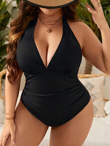 SHEIN Swim Curve 大碼素色吊脖連體泳衣 - 黑色 - 查看 3