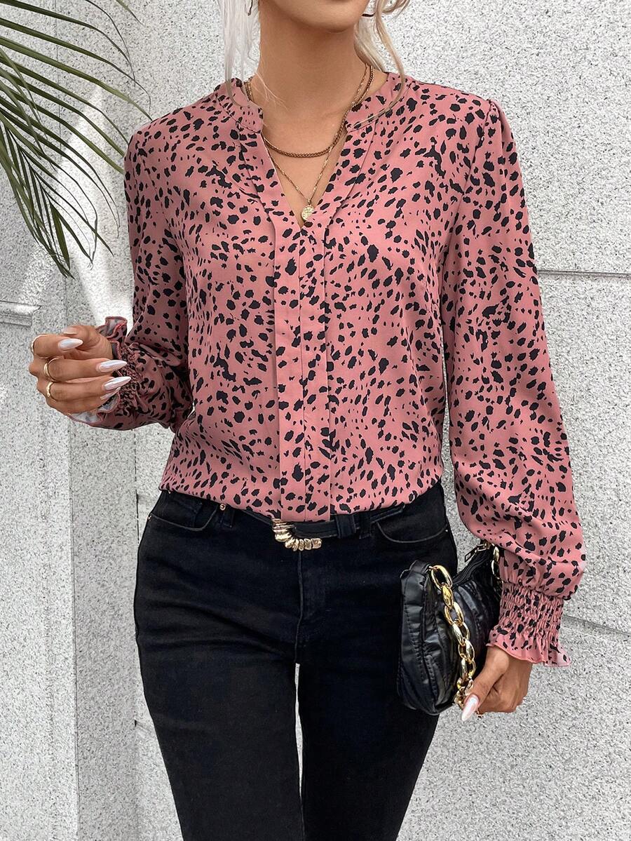 SHEIN Clasi Dalmatian Print Shirred Cuff Blouse - Pink - View 1