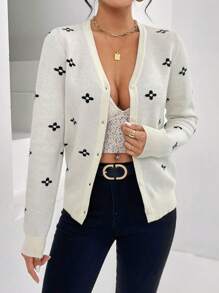 SHEIN Privé Cardigan Fleuri À Bouton - Beige - Voir 3