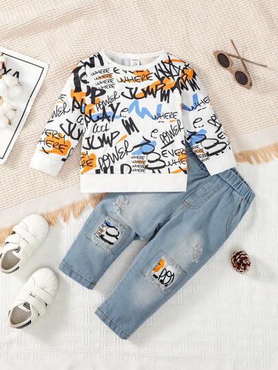Baby Boy Letter Graphic Sweatshirt & Ripped Jeans