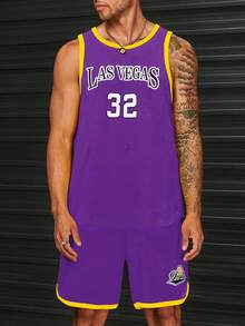 Manfinity RebelGame Men Letter Graphic Contrast Trim Tank Top & Shorts - Violet Purple - View 4