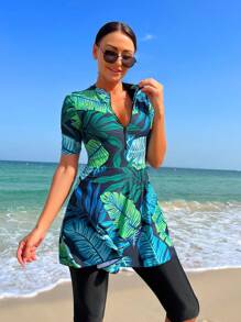 Swim Mulvari Tropical Print Zip Front Burkini With Short Sleeve,Summer BeachArabic Clothing - Multicolor - View 3