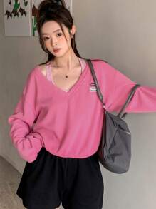 DAZY 字母貼布落肩袖二合一運動衫 - 粉色 - 查看 5