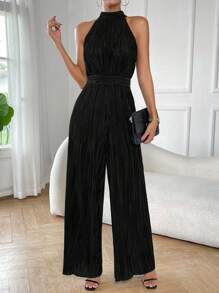 SHEIN Essnce 素色繞頸褶皺闊腿連體褲