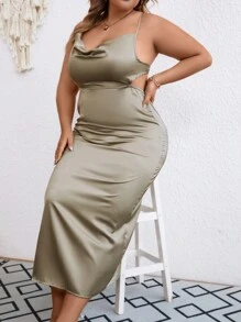 SHEIN Clasi Talla grande Vestido de tirantes escote drapeado de espalda abierta con tira cruzada de satén - Verde Oliva - Ver 7