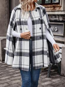 SHEIN LUNE Plaid Print Cloak Sleeve Double Breasted Overcoat - Black and White - View 3