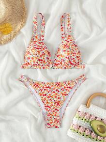 SHEIN Swim 夏季沙灘小花三角比基尼套裝，新年新品 - 彩色 - 查看 3