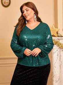 EMERY ROSE Hơn Tay áo lồng đèn Kim sa Áo - Màu xanh lá cây đậm - Xem 3