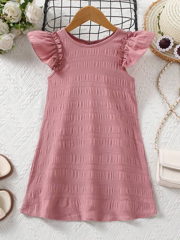 SHEIN Vestido de verano para niña con unicolor, dobladillo con volantes y escote con llave en la parte trasera
