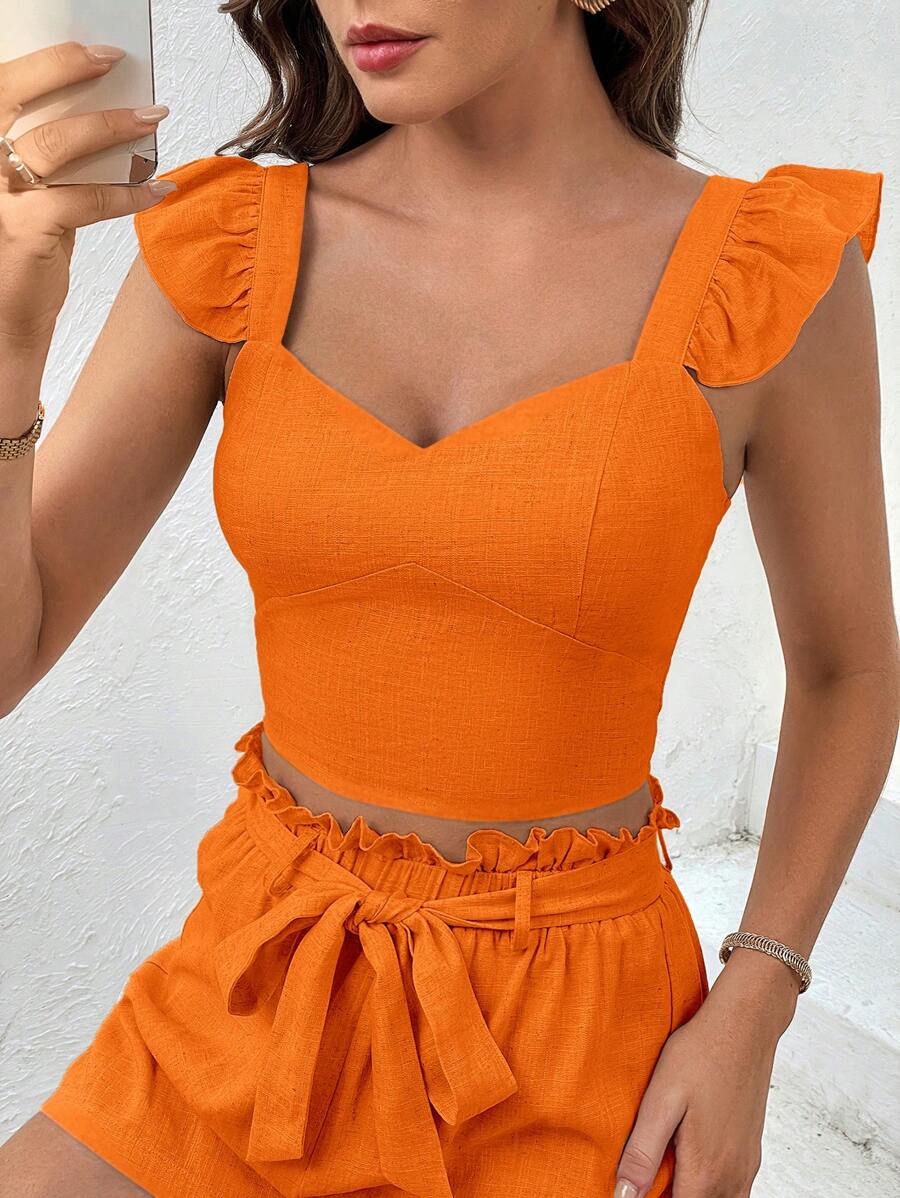 SHEIN Privé 雞心領口荷葉邊短款上衣 - 橘色 - 查看 1