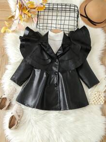 SHEIN Young Girl Ruffle Trim PU Leather Dress Without Sweater - Black - View 1