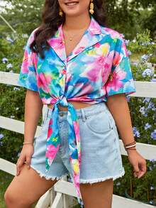 SHEIN VCAY 大碼印花下擺打結襯衫 - 彩色 - 查看 2