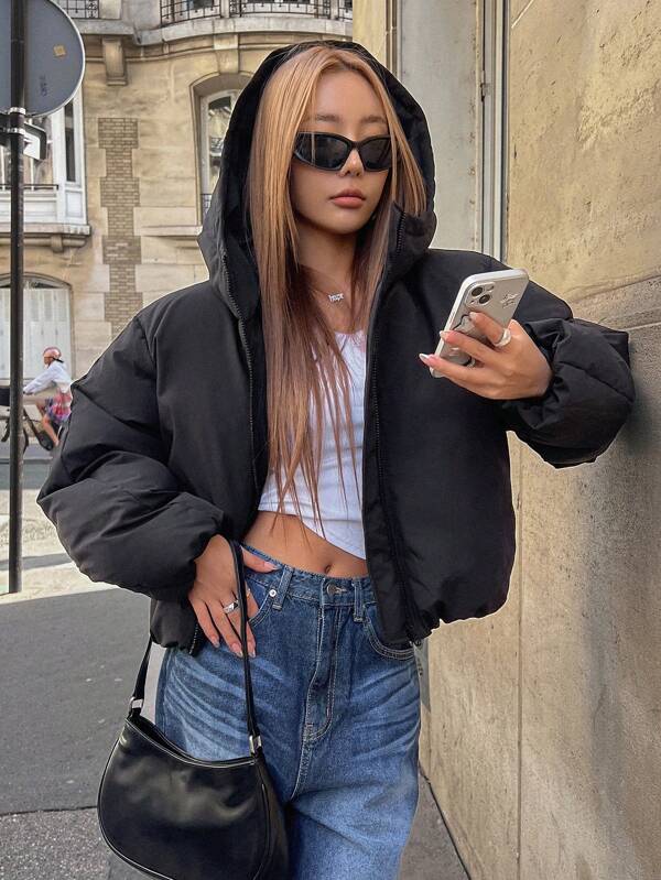 DAZY Zip Up Drawstring Hem Crop Padded Thick Pockets Coat, Women Winter Coat Jacket