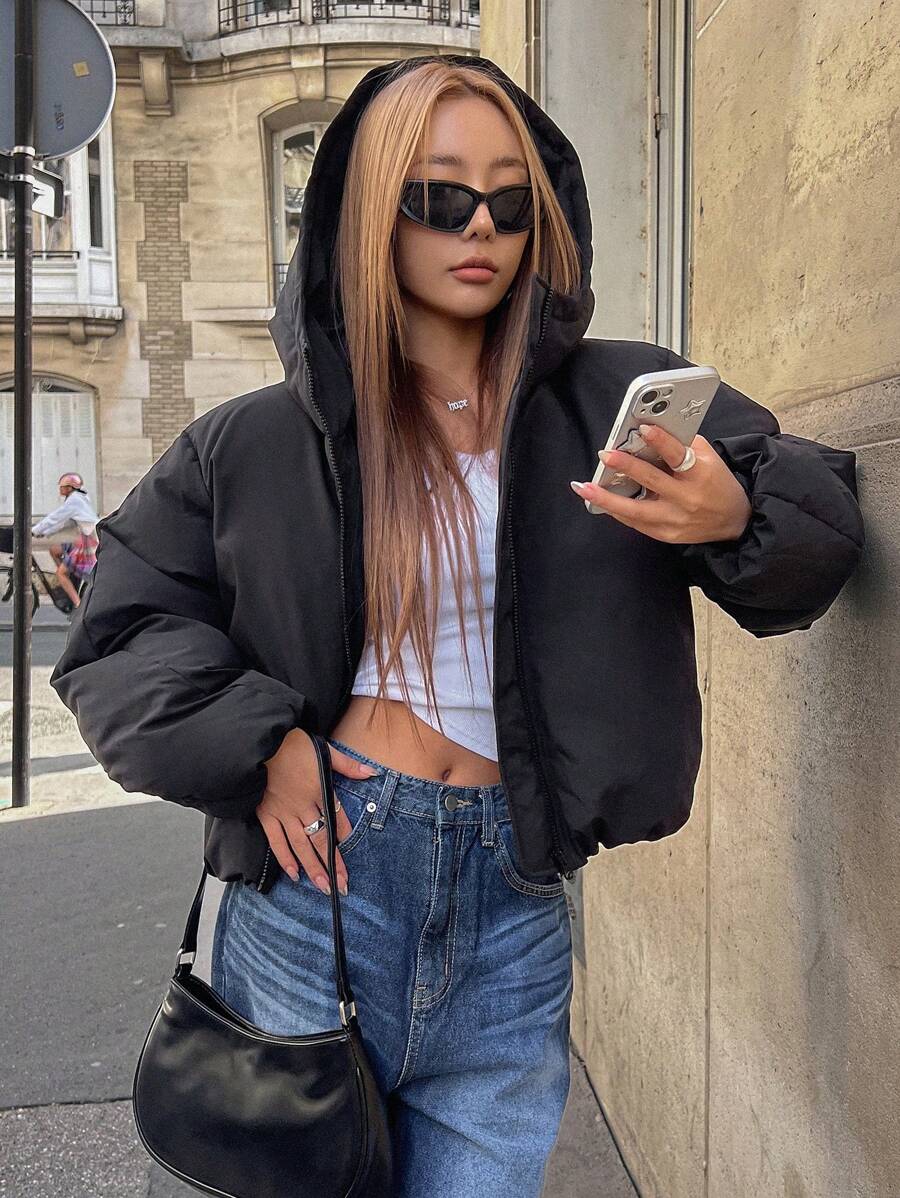 DAZY Zip Up Drawstring Hem Crop Padded Thick Pockets Coat, Women Winter Coat Jacket - Black - View 1