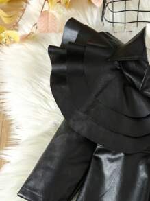 SHEIN Young Girl Ruffle Trim PU Leather Dress Without Sweater - Black - View 3