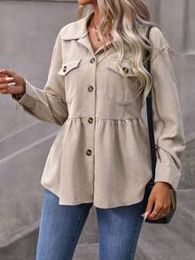 SHEIN Clasi 翻蓋口袋落肩袖荷葉擺燈芯絨大衣 - 杏色 - 查看 4