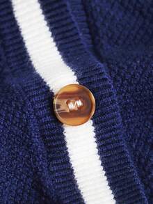 SHEIN Qutie Letter Patched Striped Trim Drop Shoulder Cardigan - Navy Blue - View 4