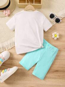 SHEIN 女小童標語圖案T恤和機車短褲