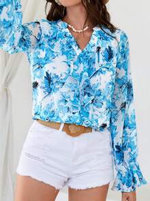 SHEIN VCAY In hoa tay áo lá sen Áo sơ mi - Xanh và trắng - Xem 5