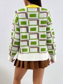 SHEIN Unity 女式休闲几何图案宽松圆领落肩毛衣，秋冬 - 彩色 - 查看 2
