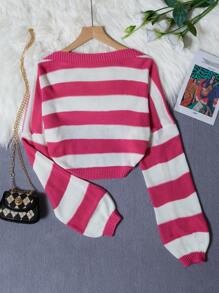 Teen Girl Striped Pattern Lantern Sleeve Duster Cardigan - Watermelon Pink - View 2
