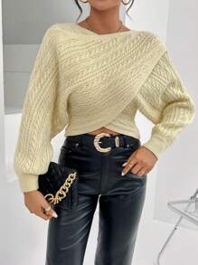 SHEIN Privé Cable Knit Batwing Sleeve Crossover Sweater - Apricot - View 1