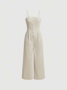 SHEIN MOD Nút phía trước quần ống rộng Tổng thể Jumpsuit Không có áo sơ mi - Màu be - Xem 1