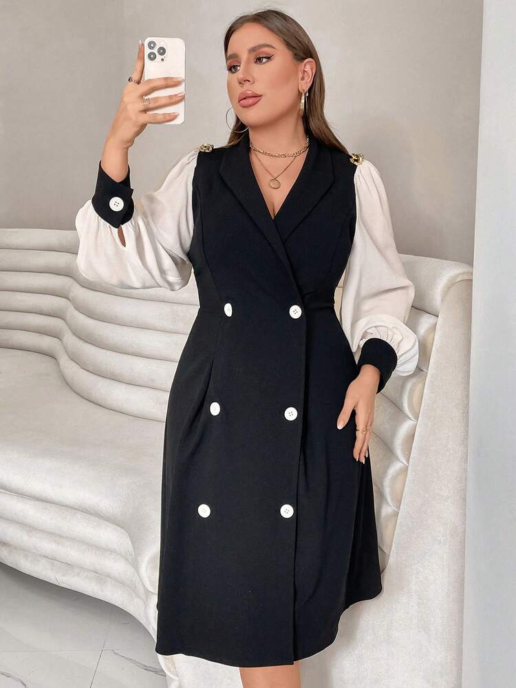 Plus Colorblock Lantern Sleeve Double Breasted Dress