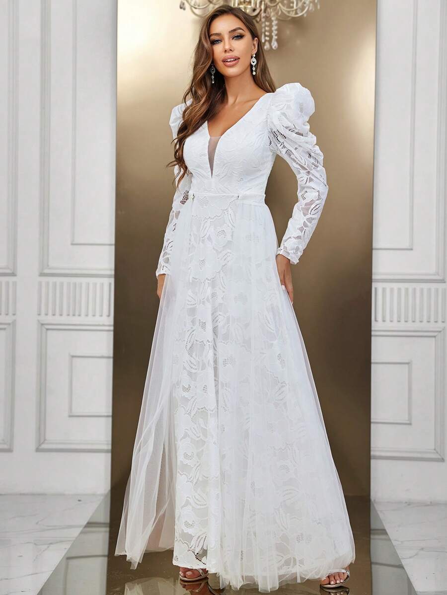 SHEIN Belle 深V領羊腿袖網紗婚紗洋裝 - 白色 - 查看 1