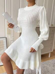 Chiquease Xoắn Dan Tay áo lồng đèn Xù Hoa Sen Đầm Áo len Không có thắt lưng - trắng - Xem 6