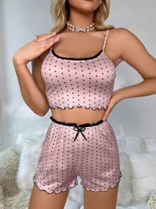 Polka Dot Print Lettuce Trim Bow Front PJ Set / Pajama Set Bow Tie