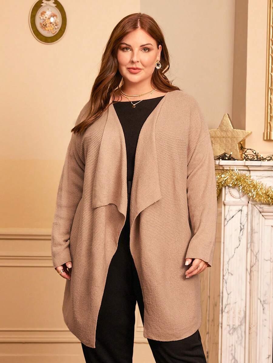 EMERY ROSE Áo khoác cardigan cổ thác nước cỡ lớn thả vai - Màu be - Xem 1