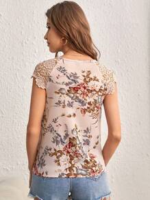 SHEIN Clasi 撞色蕾丝短袖翻领休闲夏季衬衫 母亲节 - 淺粉色 - 查看 2