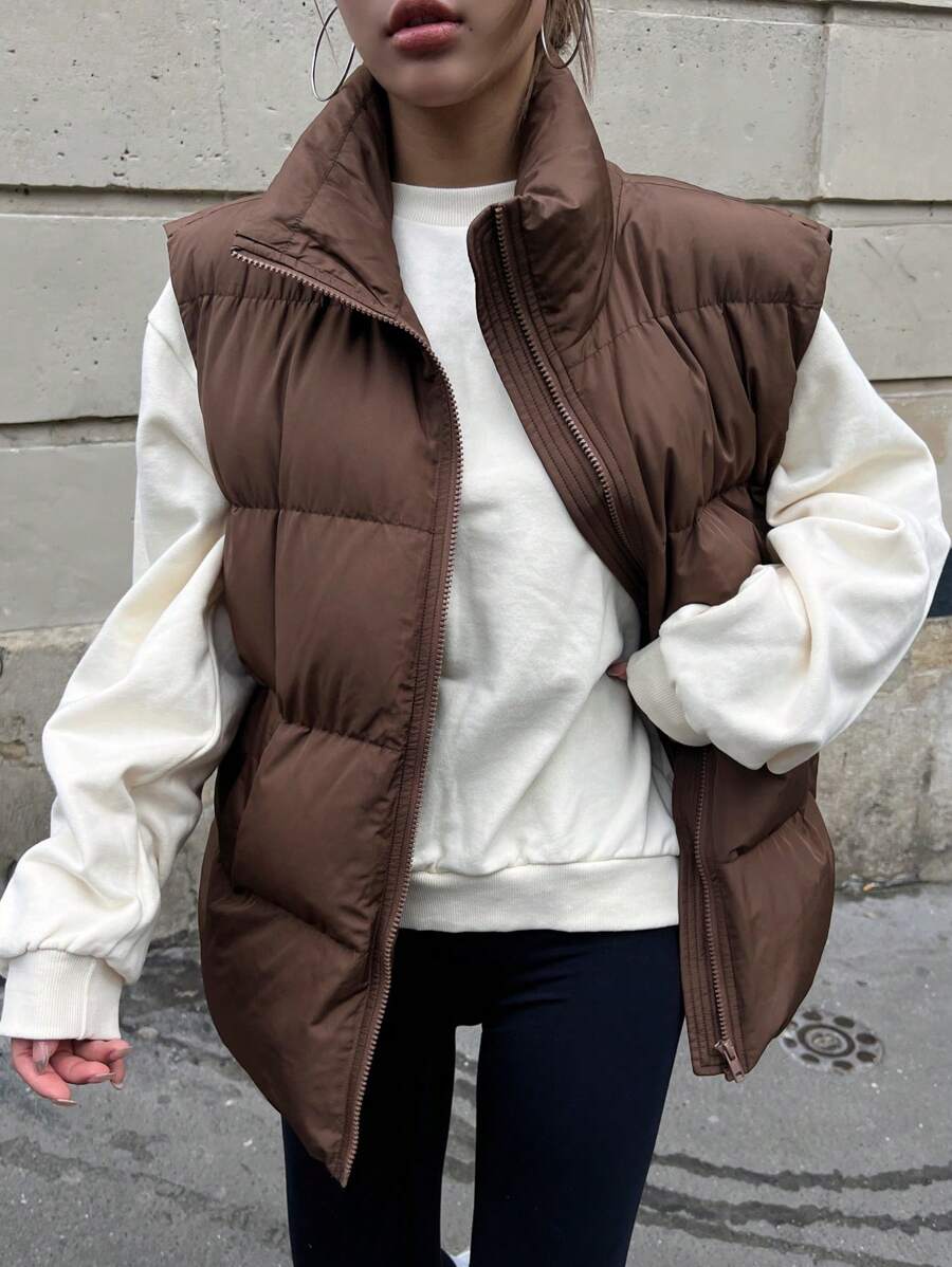 DAZY 拉链斜口袋背心加厚口袋外套，冬季女式加厚外套夹克 - 咖啡棕 - 查看 1