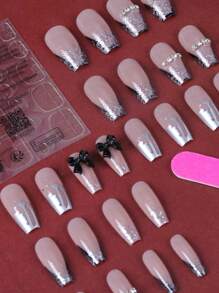 ROMWE Goth 24入組蝴蝶結裝飾假指甲和1張指甲織帶 - 彩色 - 查看 3