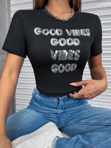 SHEIN Unity Sequin Letter Pattern Tee - Black - View 1
