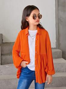 SHEIN Cô gái Tween Tay áo lồng đèn Xù Hoa Sen Áo Blouse Smock - Màu Cam cháy - Xem 5