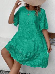 SHEIN LUNE 大碼網眼刺繡荷葉邊娃娃裙 - 綠色 - 查看 7