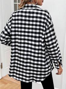 Chiquease Gingham Print Drop Shoulder Button Front Coat - Black and White - View 2